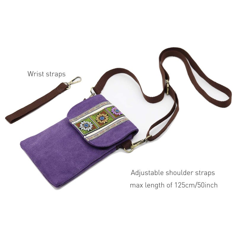 SILKAREA Boho Canvas Cell Phone Purse Small Crossbody Bag for Women Embroidery Mini Shoulder Handbags Wallet Pouch Bag (Purple) - Image 5